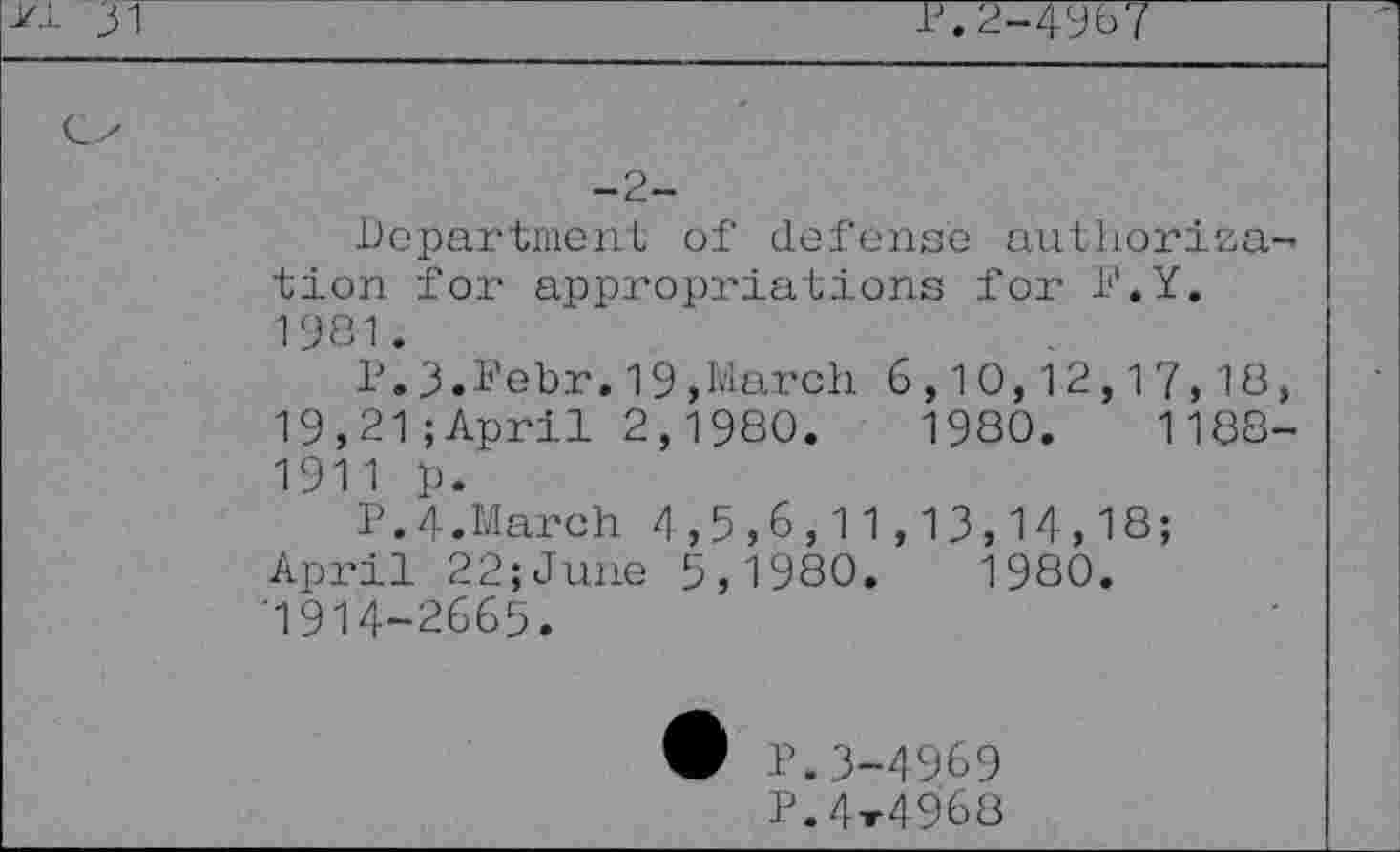 ﻿31
P.2-4967
-2-
Department of defense authorization for appropriations for i'.Y. 1981.
l\3.Febr.19,March 6,10,12,17,18, 19,21;April 2,1980.	1980.	1188-
1911 p.
P.4.March 4,5,6,11,13,14,18;
April 22;June 5,1980.	1980.
'1914-2665.
® P.3-4969
P.4x4968